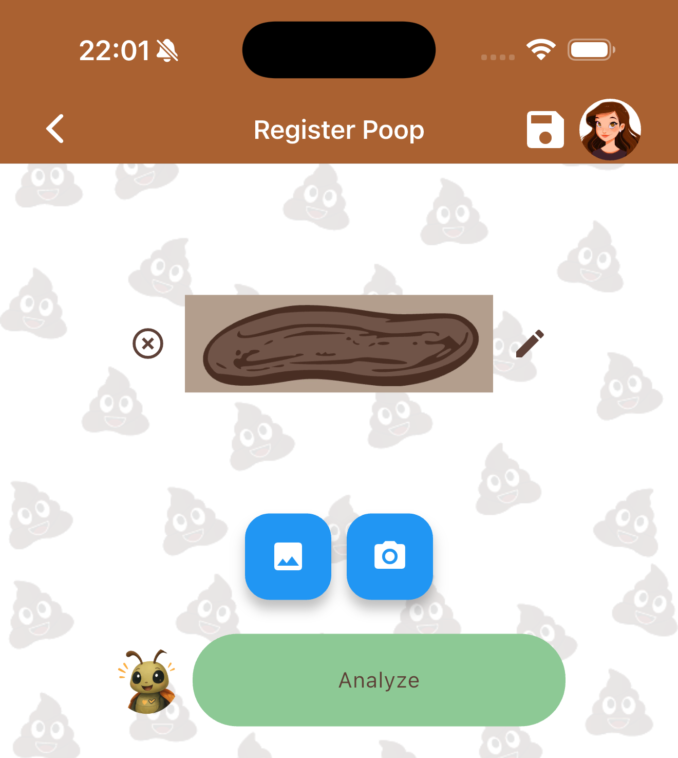 Screenshot of the poop log entry screen showing the Analyze button, the resulting auto-fills Bristol type, color, and quantity fields after AI photo analysis