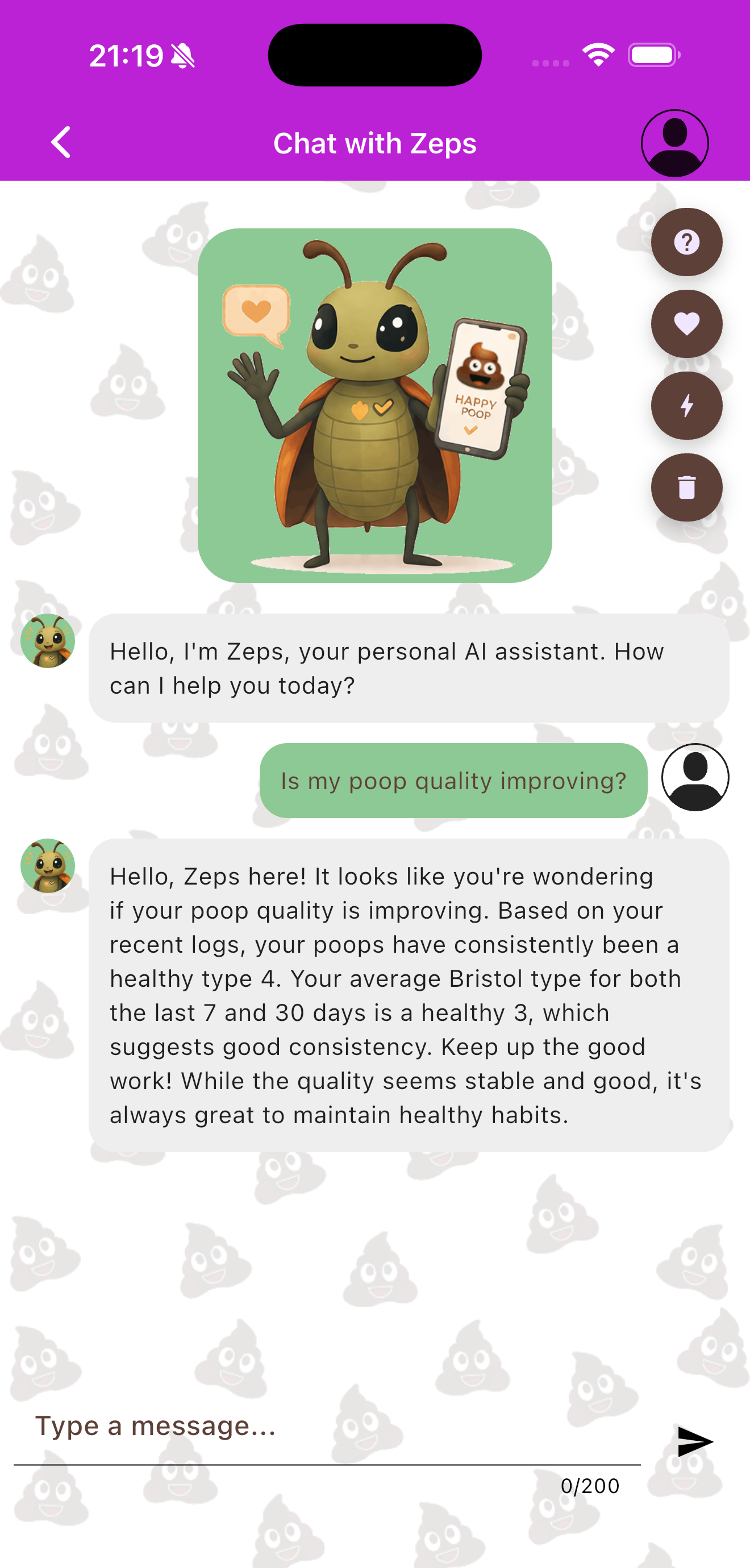 A chat conversation where Zeps provides personalized digestive health insights based on the user's logged history