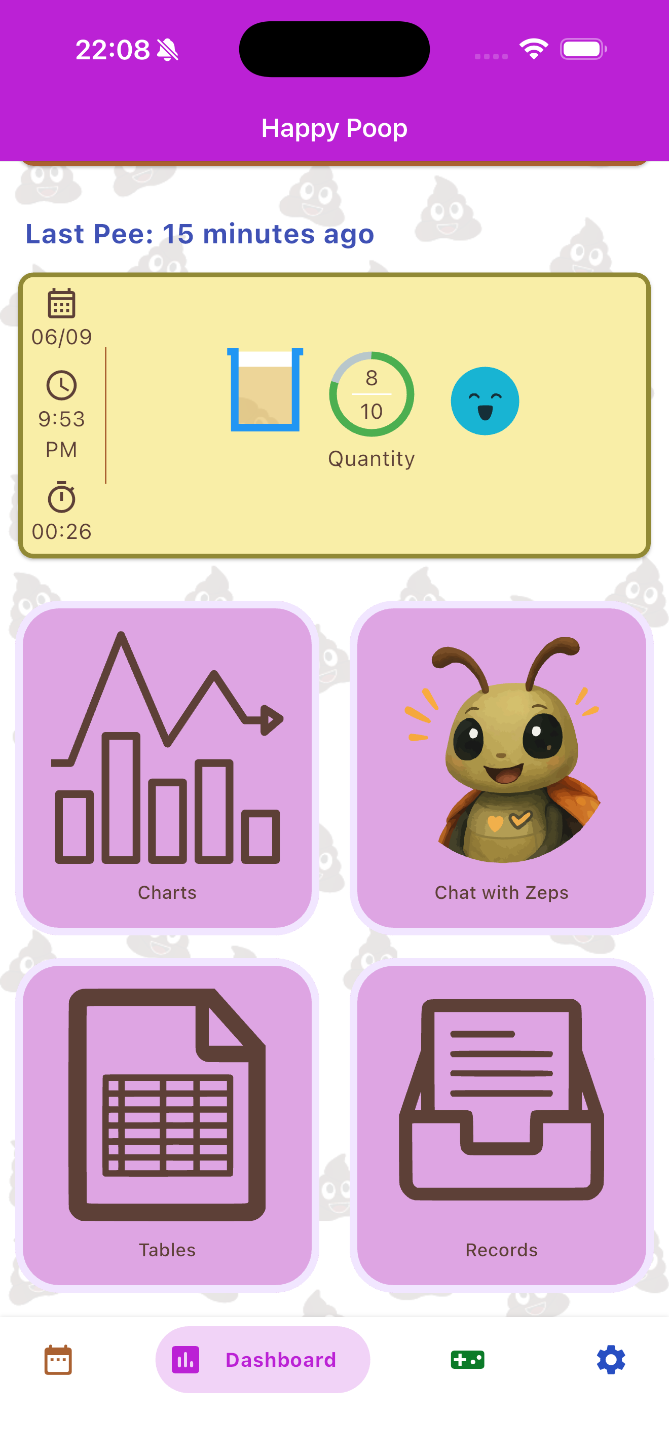 Screenshot of the Happy Poop Dashboard tab showing the Zeps beetle mascot chat button, and a chat conversation where Zeps provides personalized digestive health insights based on the user's logged history
