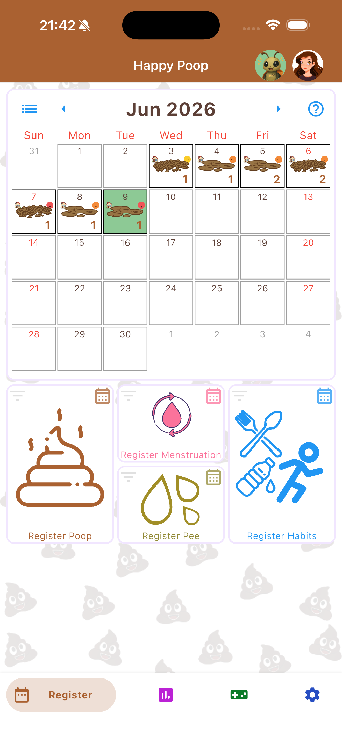 Happy Poop app screenshot showing a frequency chart during a diarrheal episode, with Bristol type 6-7 entries clustered over several days