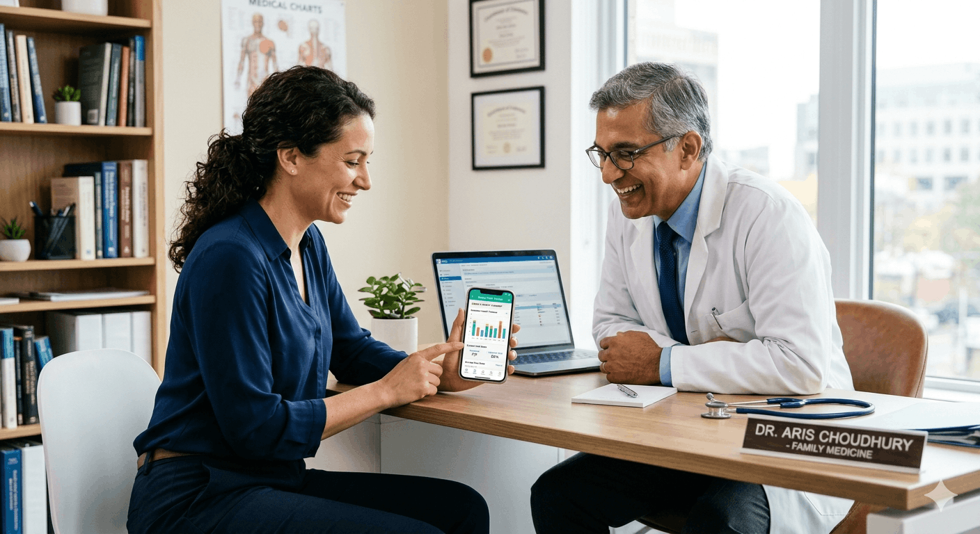 Ein Patient teilt einen detaillierten Gesundheits-Tracking-Bericht mit seinem Arzt auf einem Smartphone
