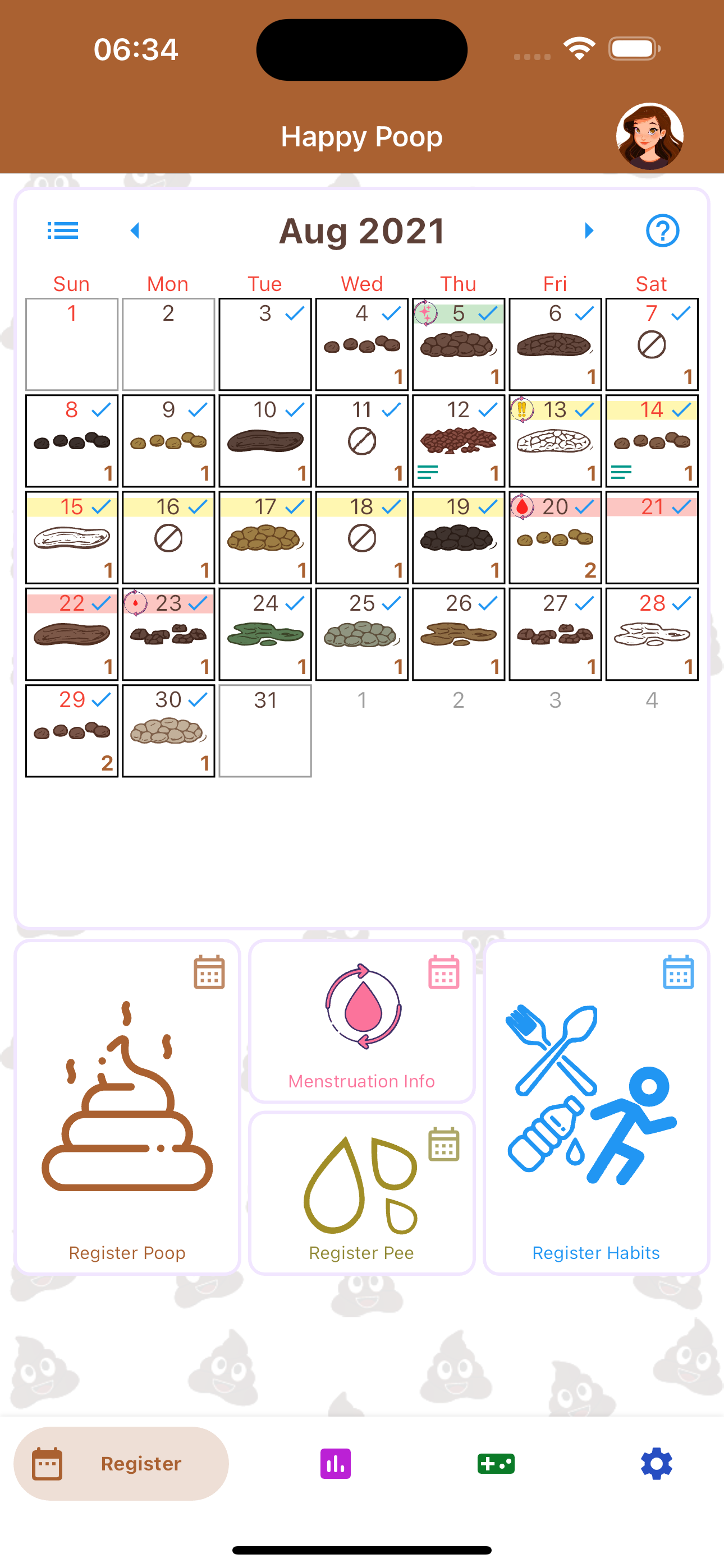 A screenshot of the Happy Poop app calendar showing menstrual cycle days alongside daily stool and urine entries